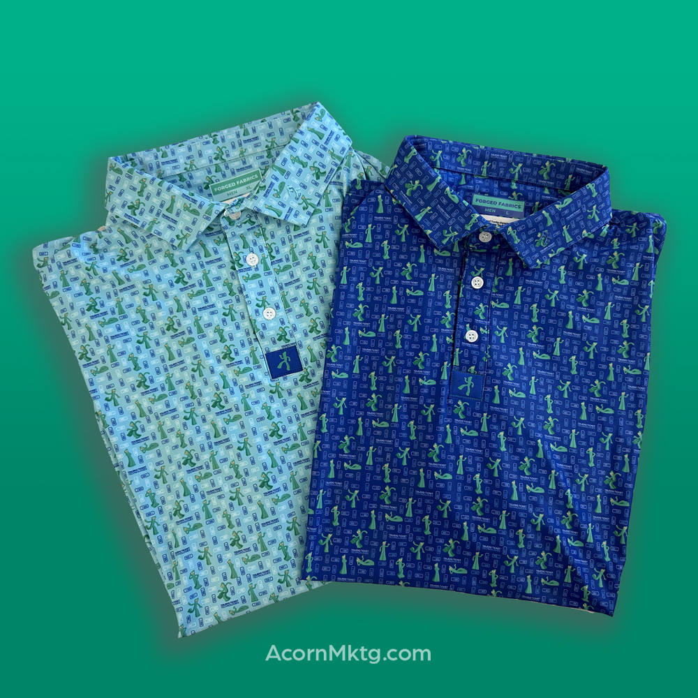 2 polo shirts with company mascot, Gumby, a classic ticket shape, and the Toledo Ticket wordmark