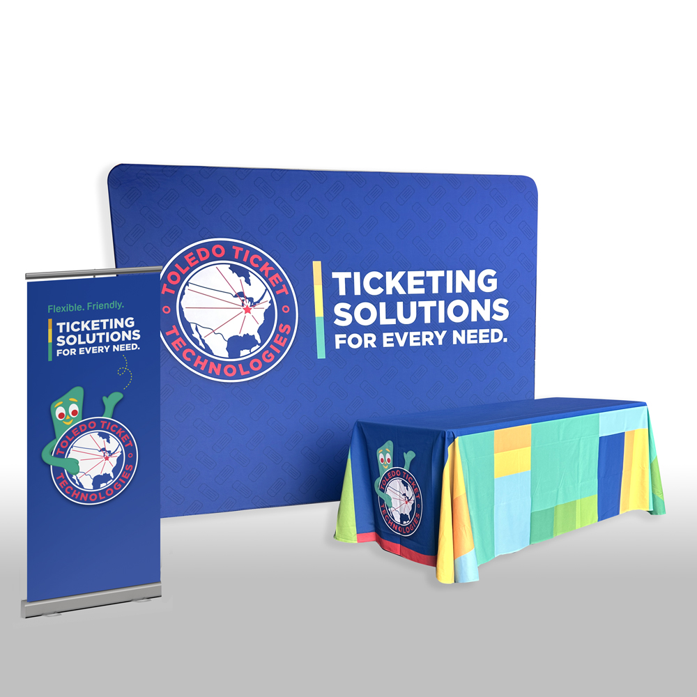 Toledo Ticket Technologies Tradeshow booth with table and backdrop