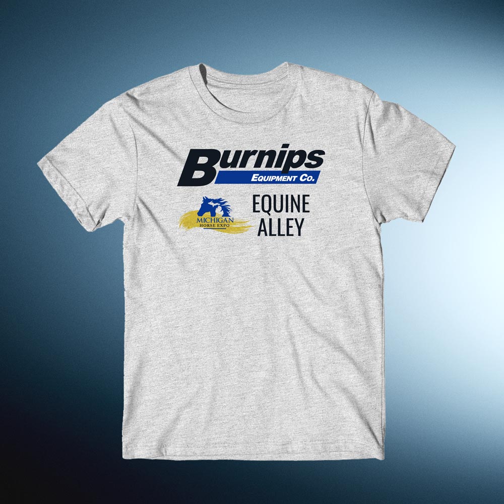 Gray tee shirt with Burnips Equine Alley logo