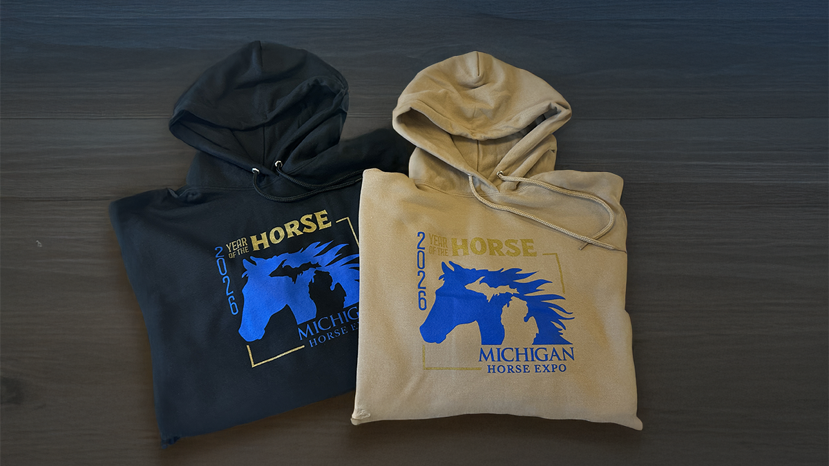 2 colored hoodies with Year of the Horse Michigan Horse Expo Logo