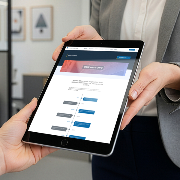 Woman holding iPad showing a coworker the history page of Soils and Structures