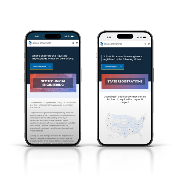 2 cell phones showing the services pages of Soils and Structures
