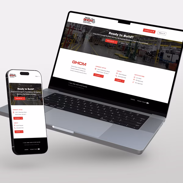 Mobile Phone and laptop showing the Grand Haven Custom Molding website design.